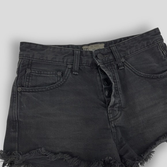 Free People Womens Black Denim Jean Cutoff Shorts Distressed Size 25 Button Fly - Picture 3 of 13